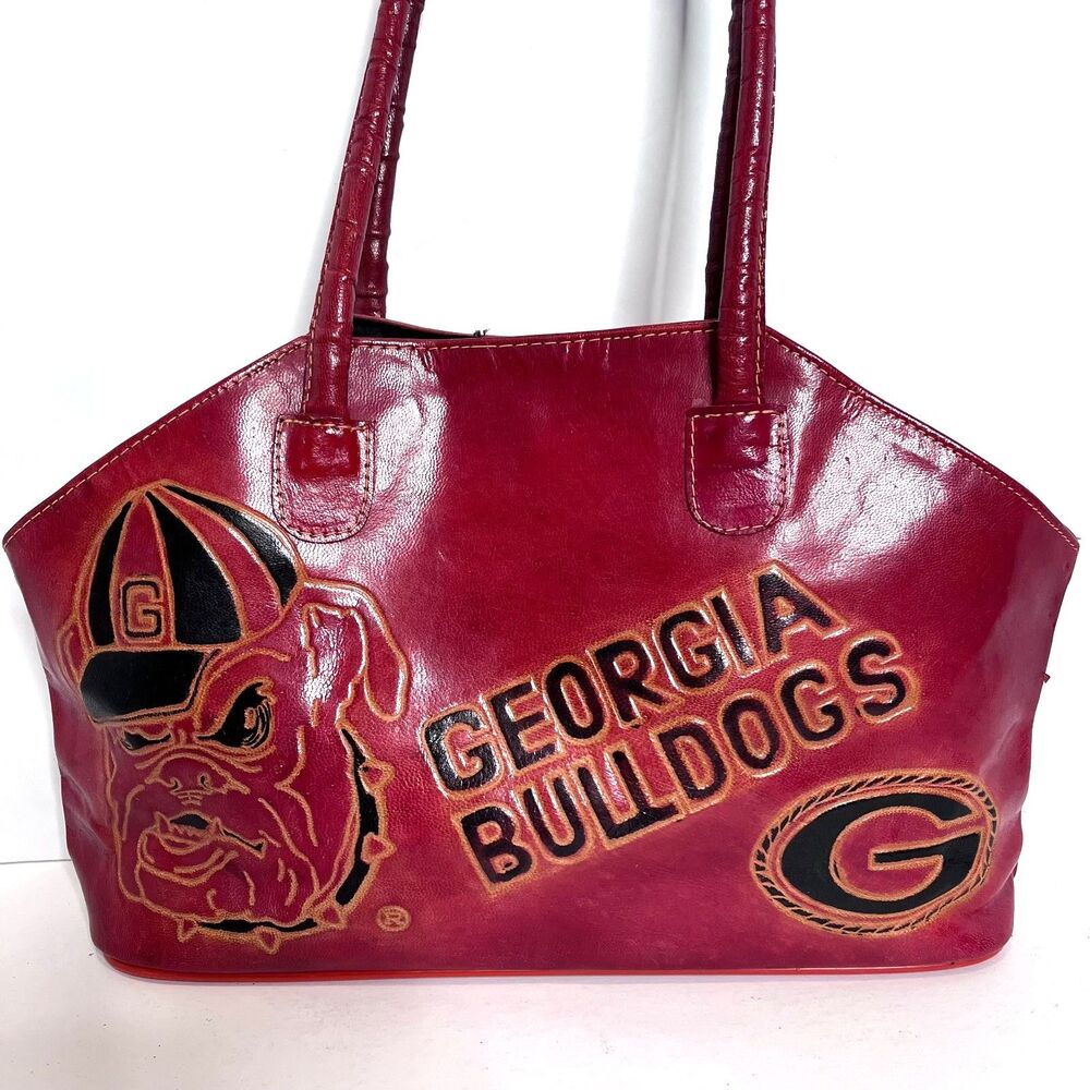 Georgia Bulldog Red Black Tooled Leather Tote Bag Vintage